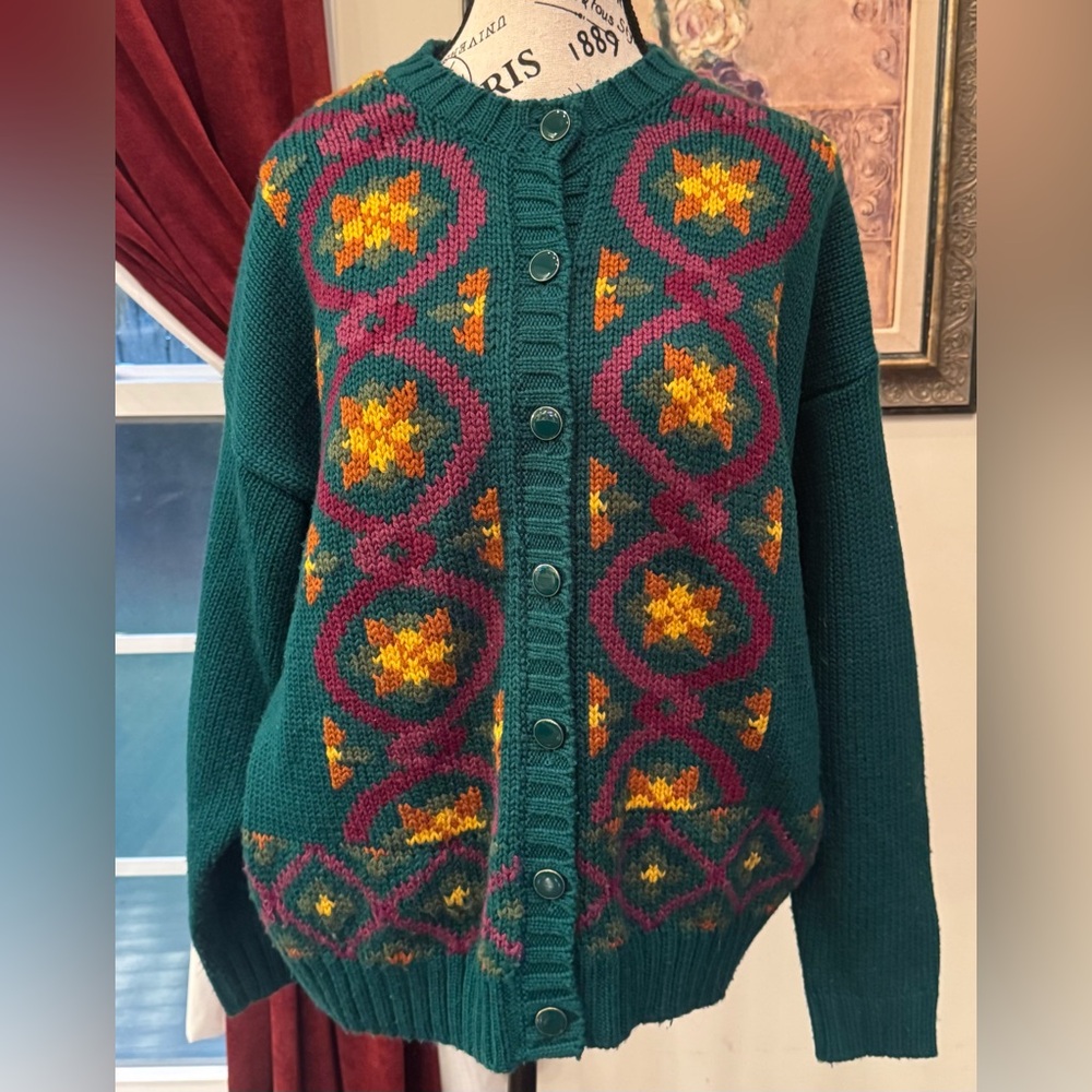Dark Green Vintage Russ Art Deco Cardigan Sweater Women’s Large Floral Wool